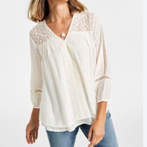Style & Co Embroidered Lace Long Sleeve Blouse Mixed Media Top White XS NWT